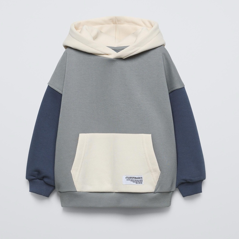 Zara Youth Block Color Hooded Sweatshirt - Ecru‎ Blue - Size 6 🌟